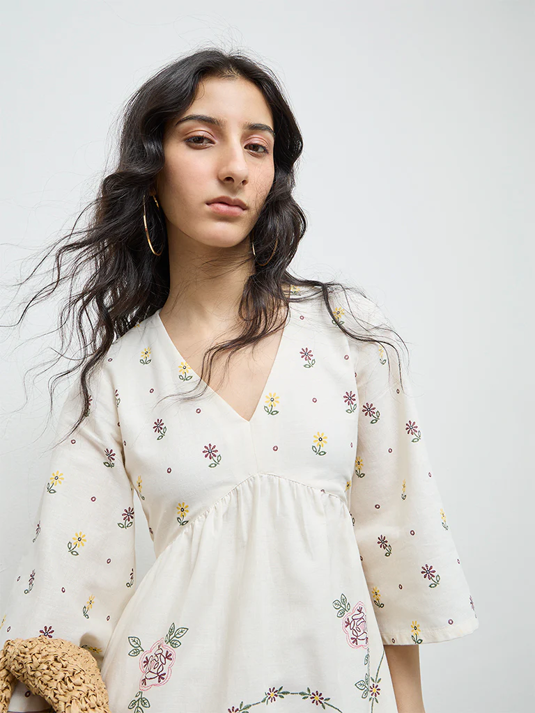 Bombay Paisley Off-White Floral Cotton-Blend A-Line Dress - Image 3