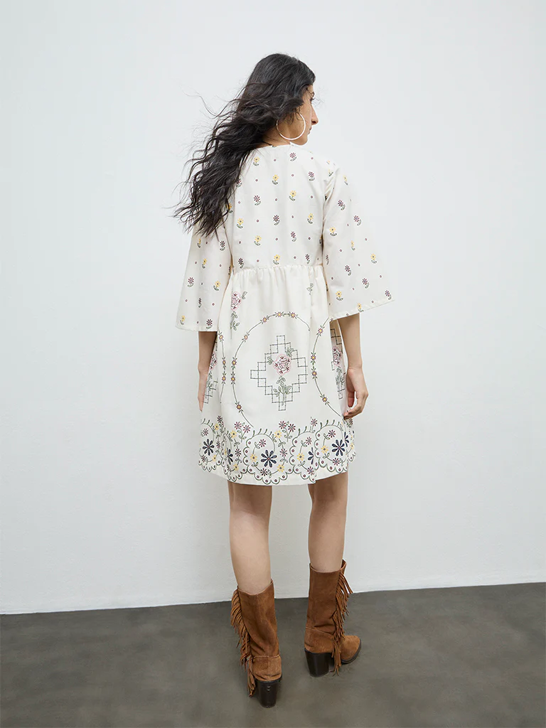 Bombay Paisley Off-White Floral Cotton-Blend A-Line Dress - Image 4