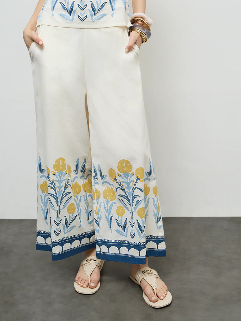 Bombay Paisley Off-White Floral Cotton-Blend Palazzos - Image 2