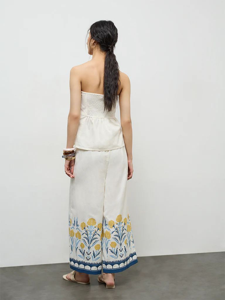 Bombay Paisley Off-White Floral Cotton-Blend Palazzos - Image 4