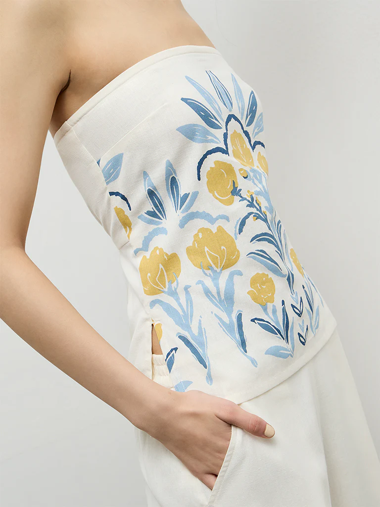 Bombay Paisley Off-White Floral Cotton-Blend Tube Top - Image 3