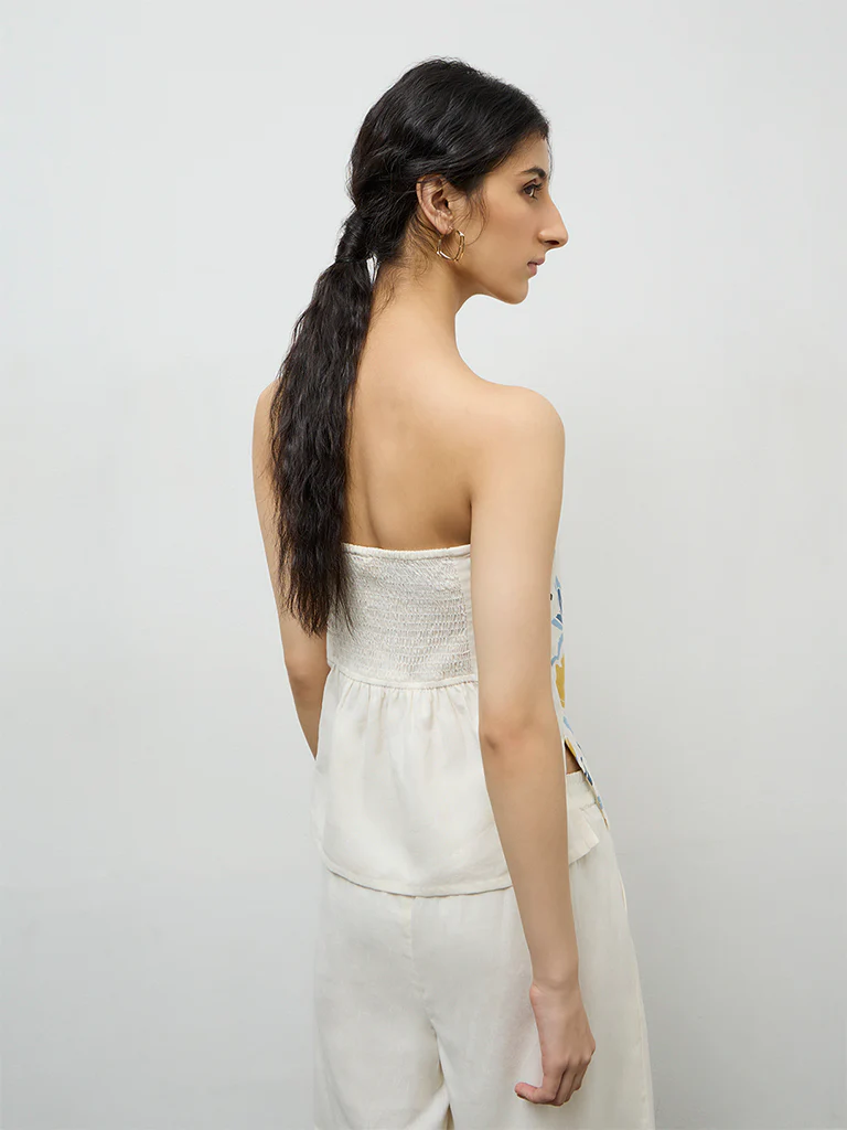 Bombay Paisley Off-White Floral Cotton-Blend Tube Top - Image 4