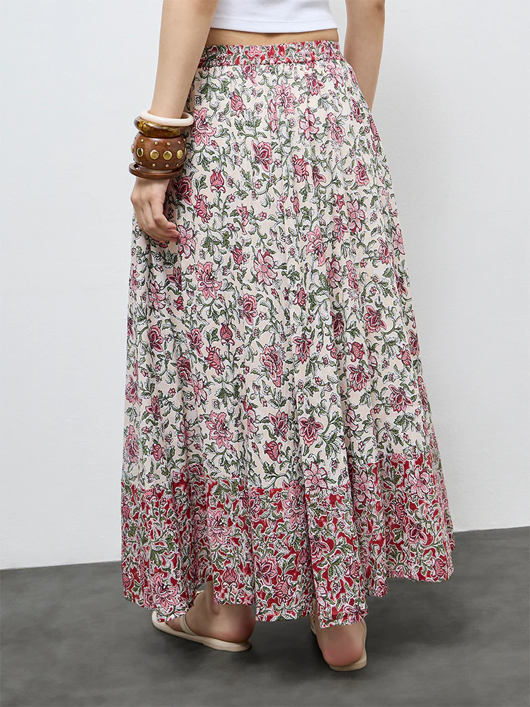 Bombay Paisley Off-White Floral Cotton Skirt - Image 4