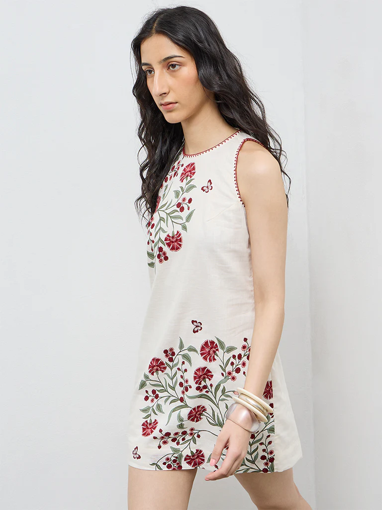 Bombay Paisley Off-White Floral Cotton Straight Dress - Image 3