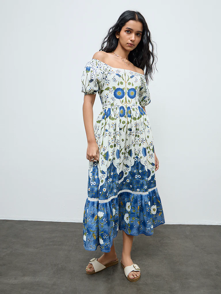Bombay Paisley Off-White Floral Cotton Tiered Dress - Image 2