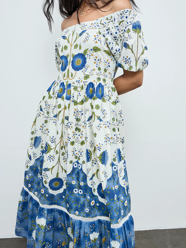 Bombay Paisley Off-White Floral Cotton Tiered Dress - Image 3