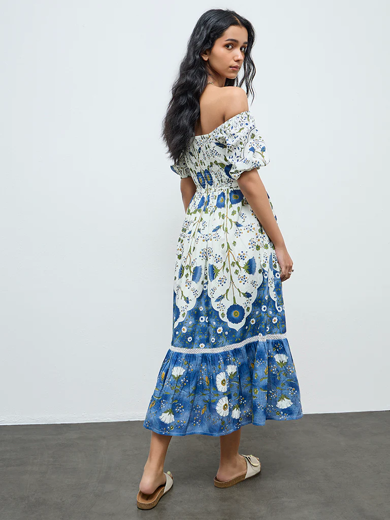 Bombay Paisley Off-White Floral Cotton Tiered Dress - Image 4
