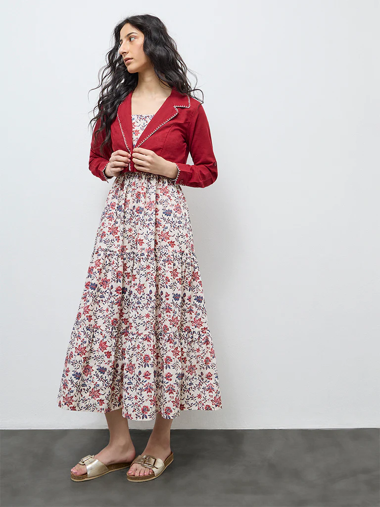 Bombay Paisley Off-White Floral Cotton Tiered Dress