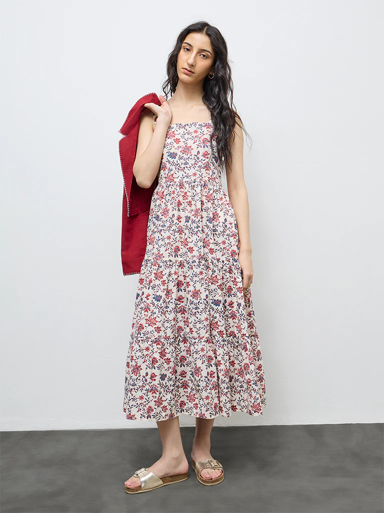 Bombay Paisley Off-White Floral Cotton Tiered Dress - Image 3