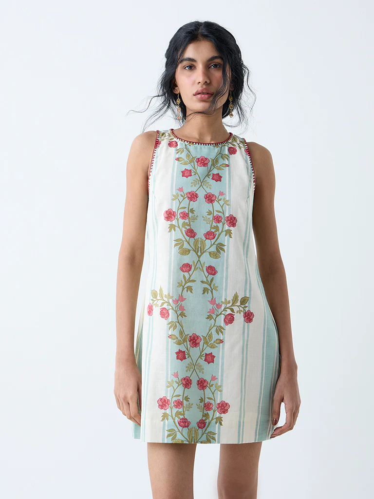 Bombay Paisley Off-White Floral Design Cotton Shift Dress - Image 2