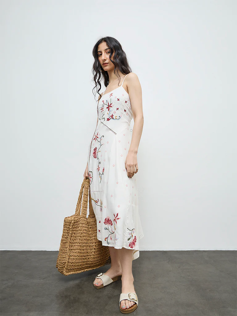 Bombay Paisley Off-White Floral Embroidered A-Line Dress - Image 2