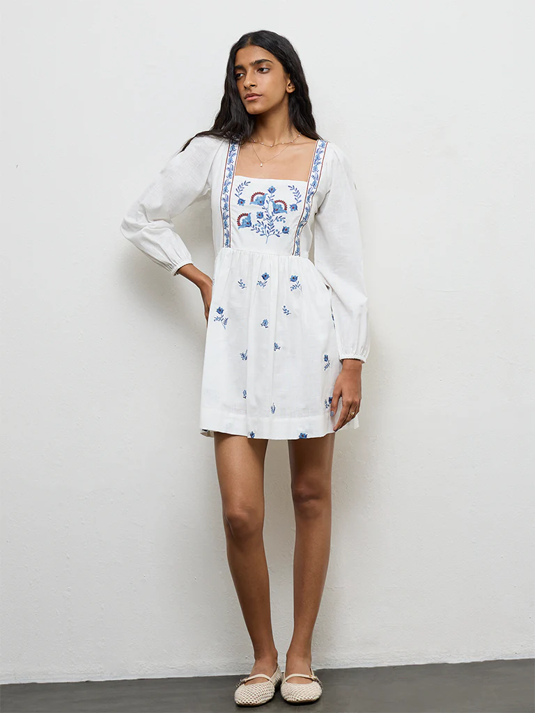 Bombay Paisley Off-White Floral Embroidered Cotton A-Line Dress