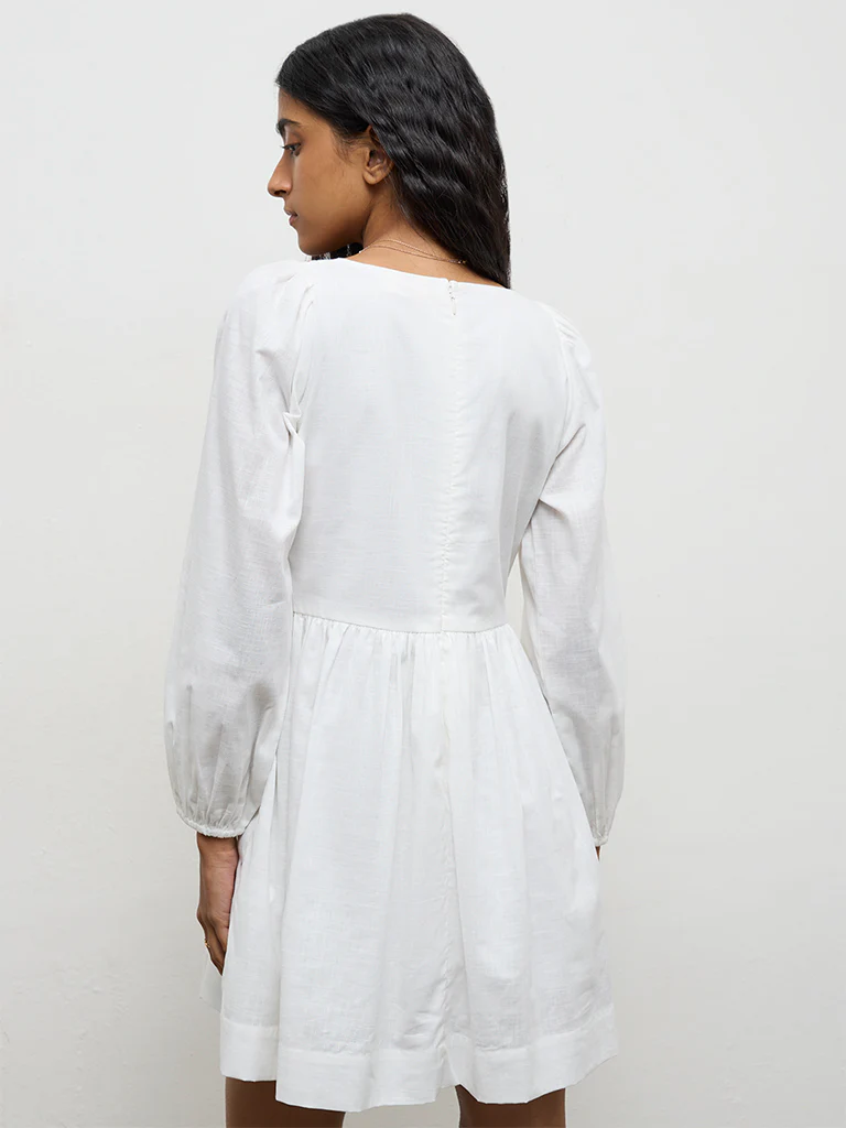 Bombay Paisley Off-White Floral Embroidered Cotton A-Line Dress - Image 4