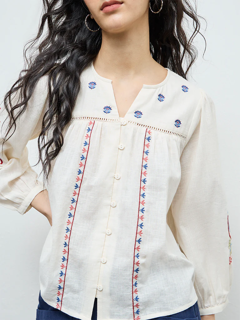 Bombay Paisley Off-White Floral Embroidered Cotton Blouse - Image 3
