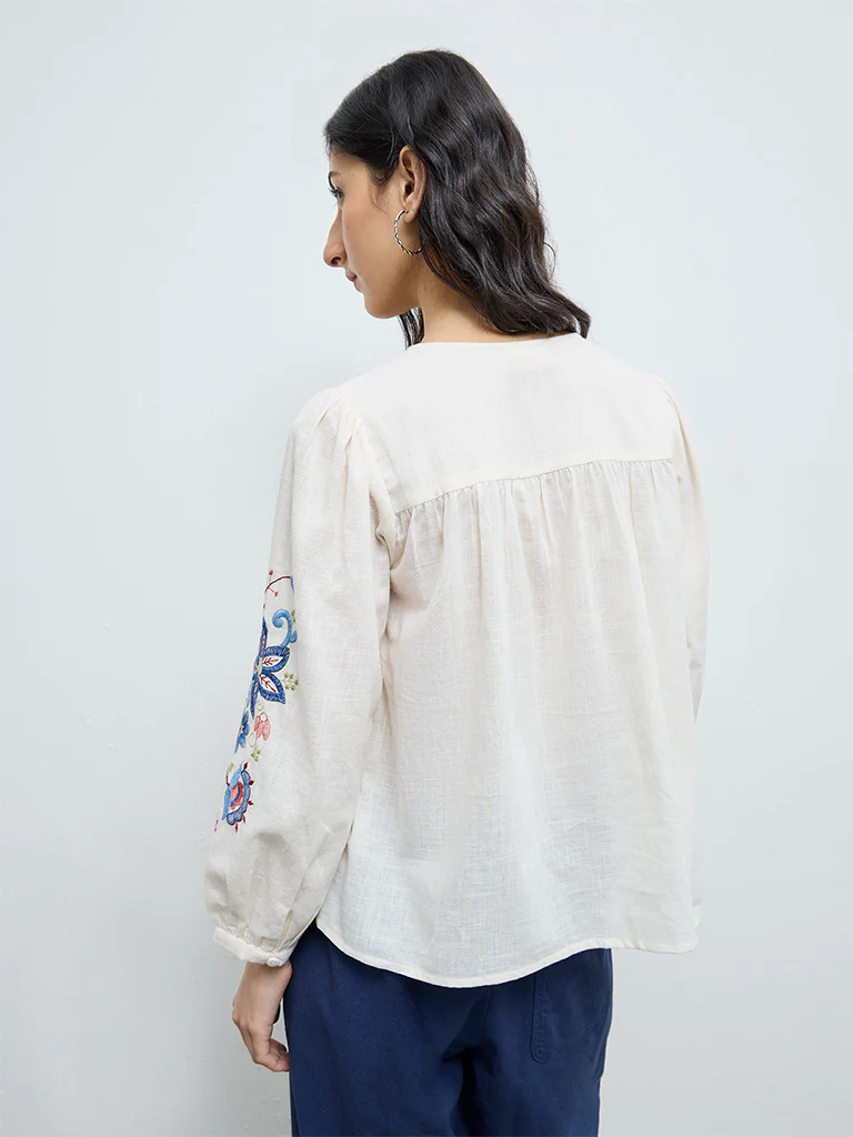 Bombay Paisley Off-White Floral Embroidered Cotton Blouse - Image 4