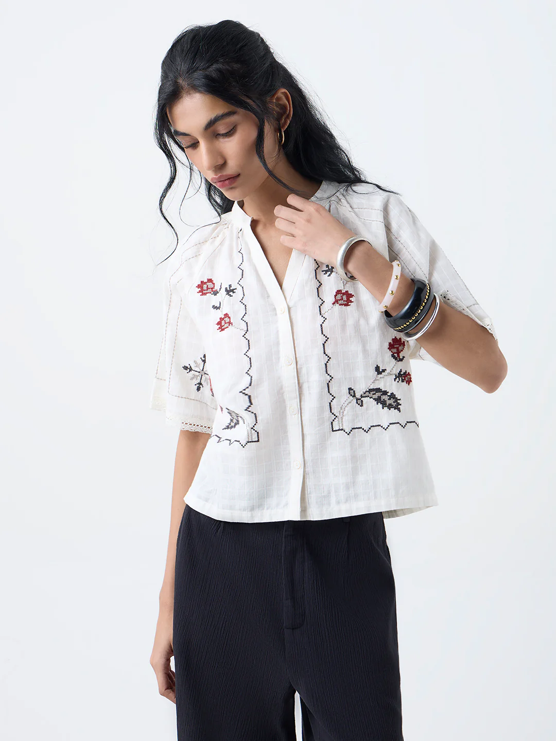 Bombay Paisley Off-White Floral Embroidered Cotton Shirt - Image 2