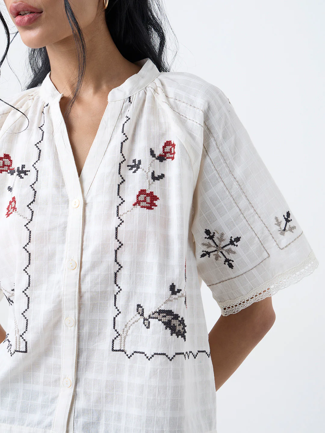 Bombay Paisley Off-White Floral Embroidered Cotton Shirt - Image 3