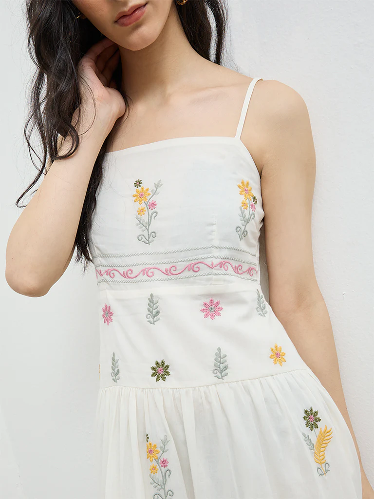 Bombay Paisley Off-White Floral Embroidered Cotton Tiered Dress - Image 3