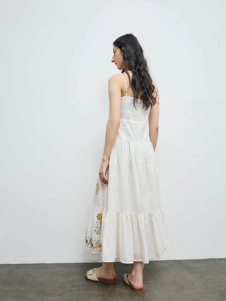 Bombay Paisley Off-White Floral Embroidered Cotton Tiered Dress - Image 4