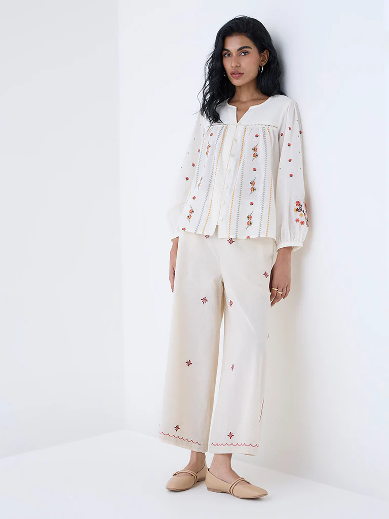Bombay Paisley Off-White Floral Embroidered Cotton Top - Image 2