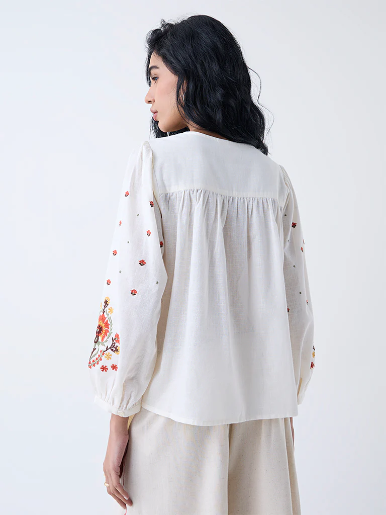 Bombay Paisley Off-White Floral Embroidered Cotton Top - Image 4
