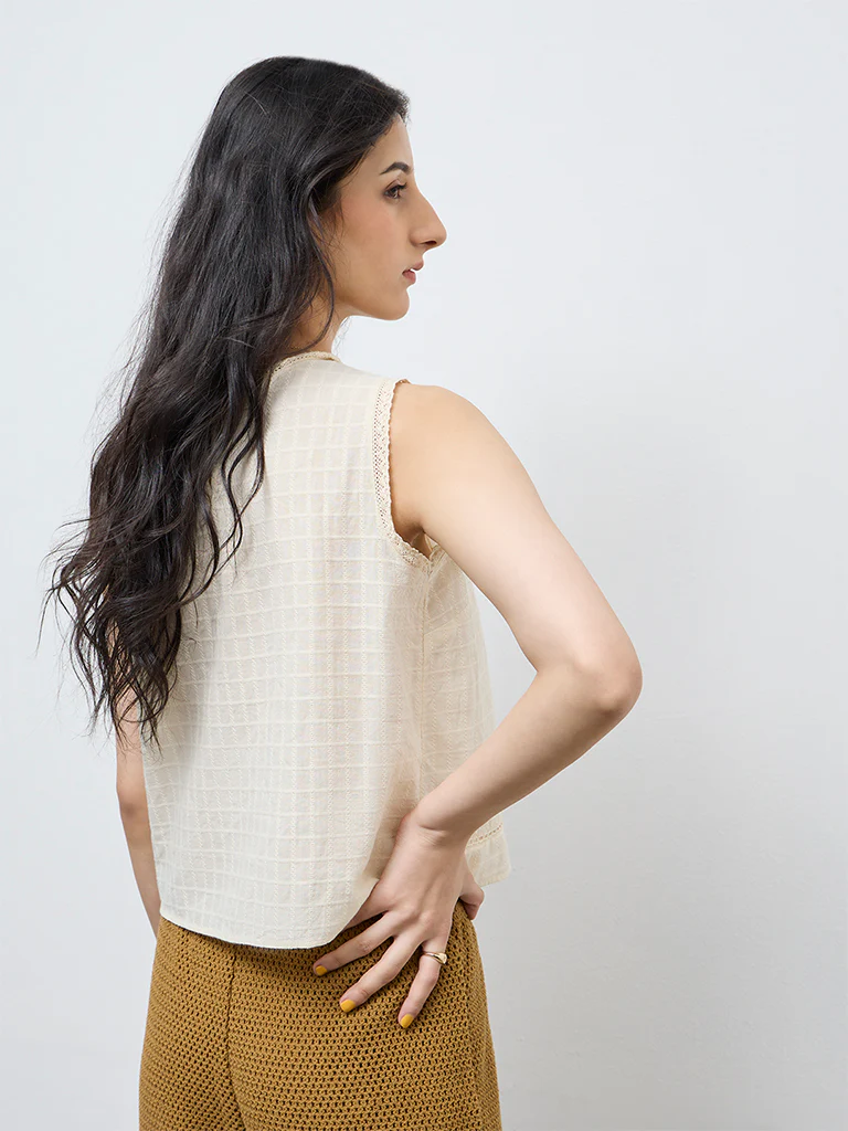 Bombay Paisley Off-White Floral Embroidered Cotton Top - Image 4