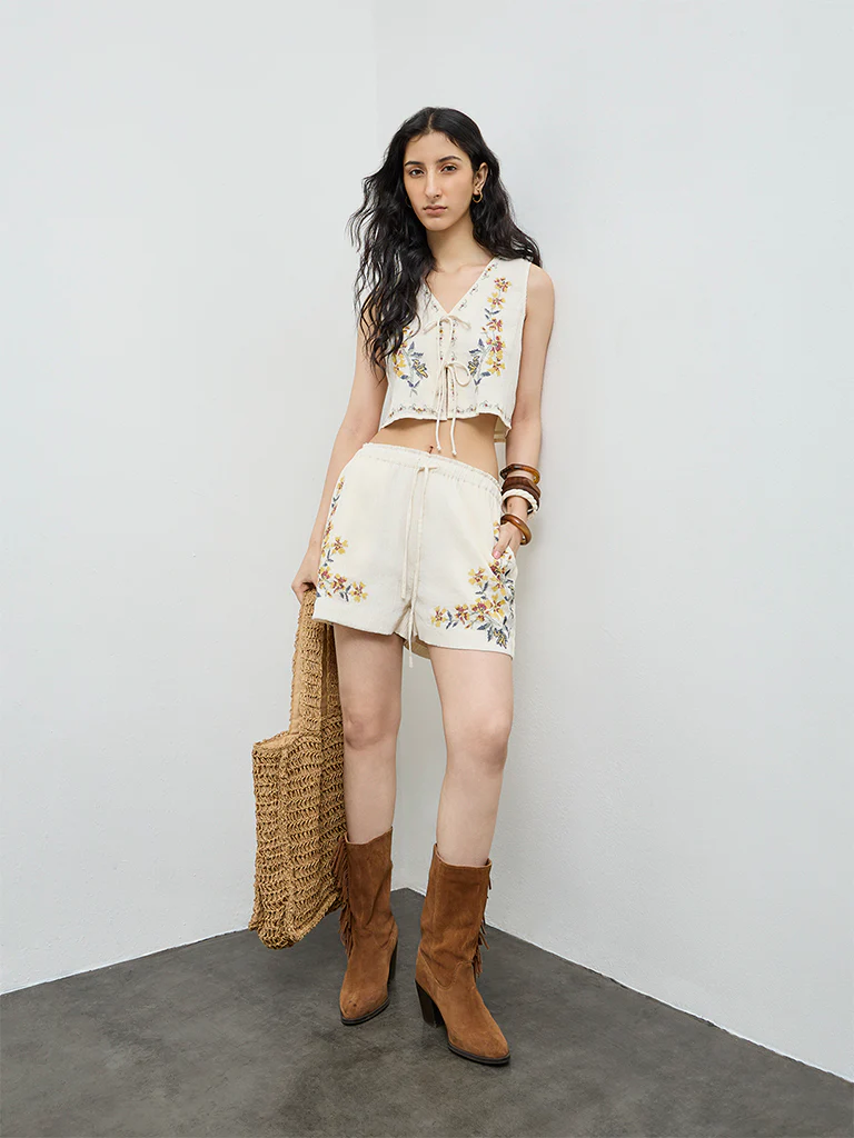 Bombay Paisley Off-White Floral Embroidered Cotton Top - Image 2