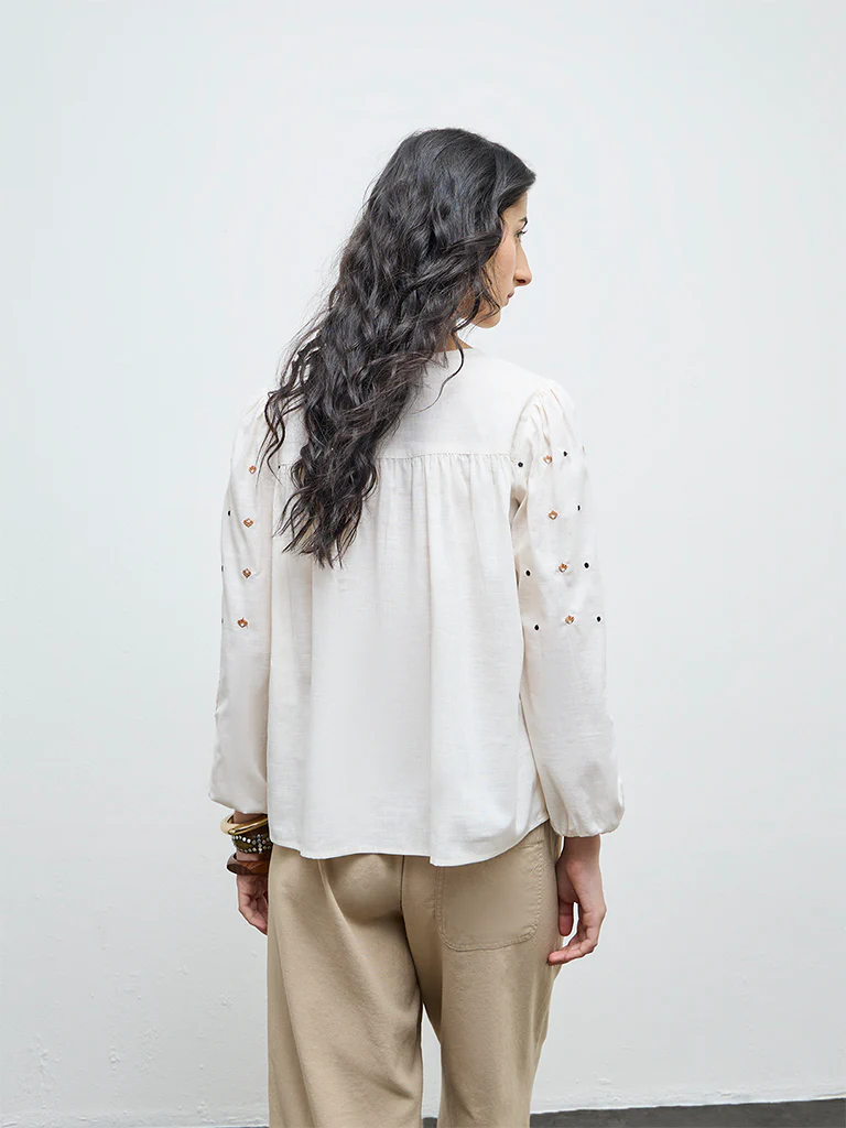 Bombay Paisley Off-White Floral Embroidered Cotton Top - Image 4