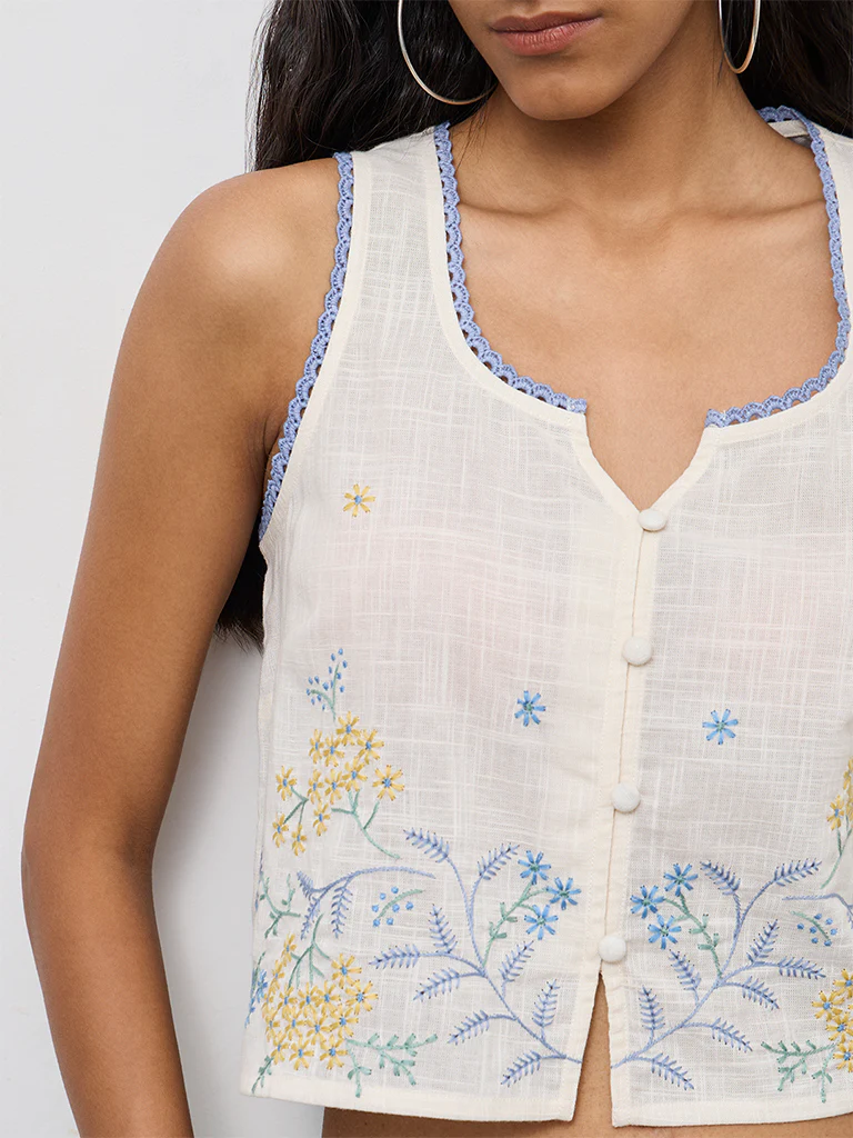 Bombay Paisley Off-White Floral Embroidered Cotton Top - Image 3