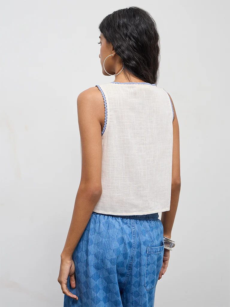 Bombay Paisley Off-White Floral Embroidered Cotton Top - Image 4