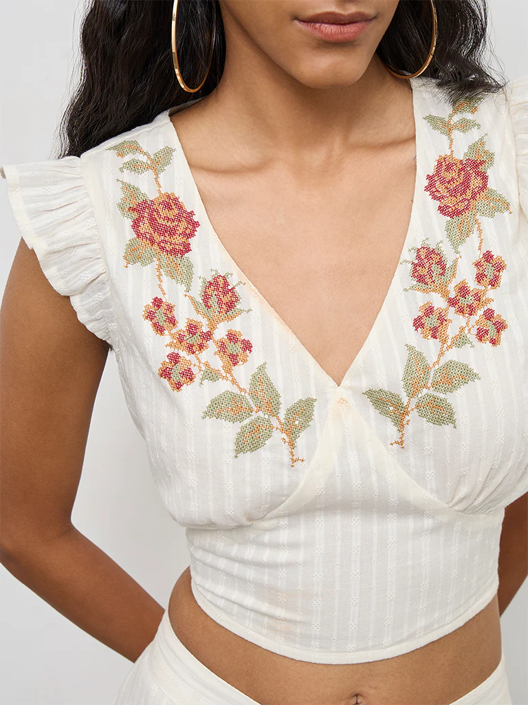 Bombay Paisley Off-White Floral Embroidered Cotton Top - Image 3