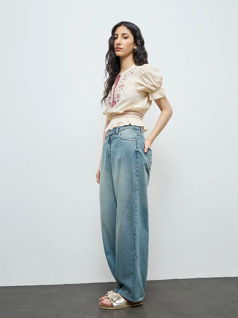 Bombay Paisley Off-White Floral Embroidered Smocked Cotton Top - Image 2
