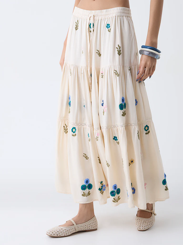 Bombay Paisley Off-White Floral Embroidered Tiered Skirt - Image 2