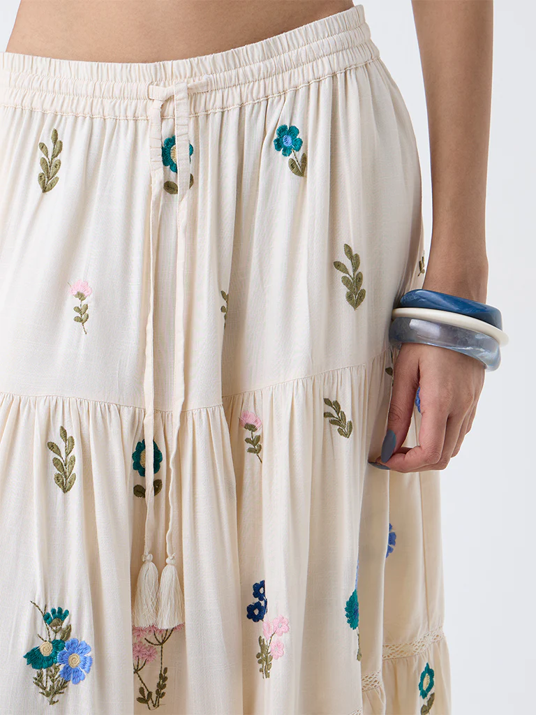 Bombay Paisley Off-White Floral Embroidered Tiered Skirt - Image 3