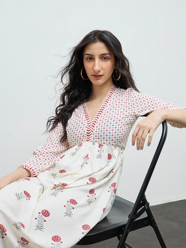 Bombay Paisley Off-White Floral Empire-Line Dress - Image 3