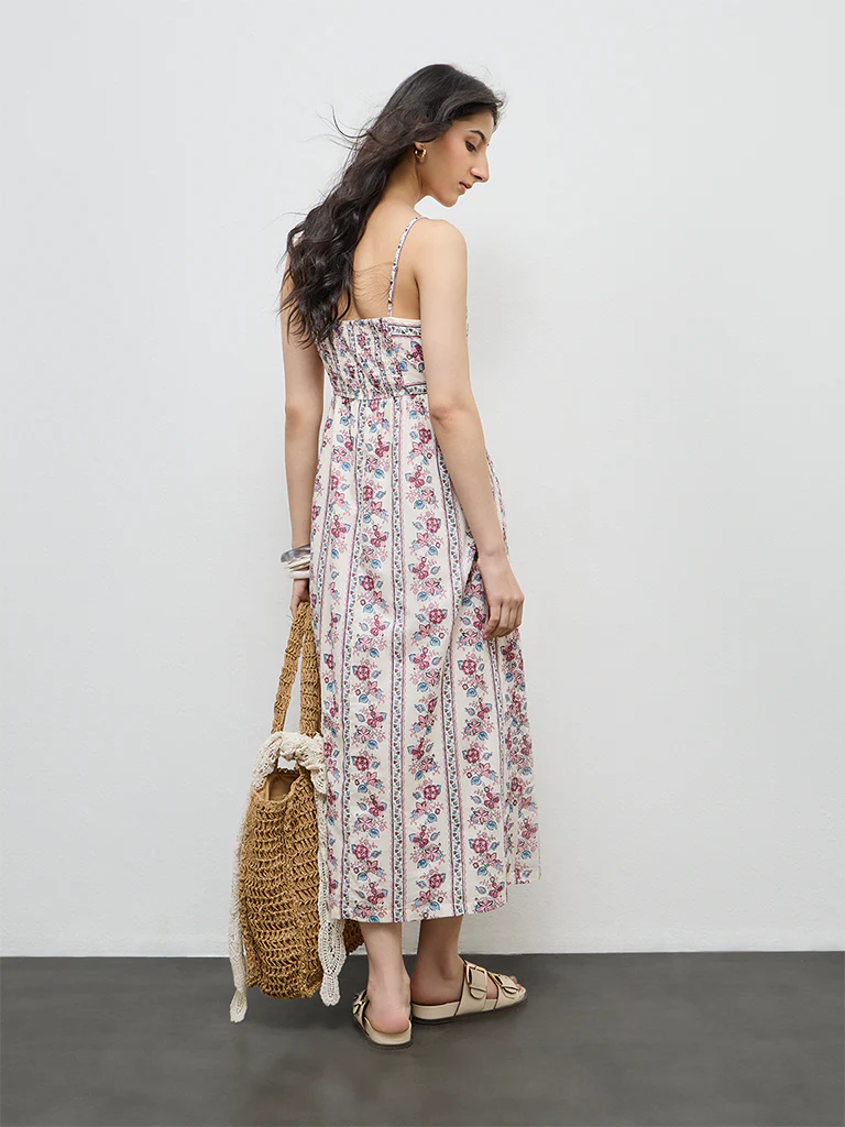 Bombay Paisley Off-White Floral Printed A-Line Cotton Dress - Image 4