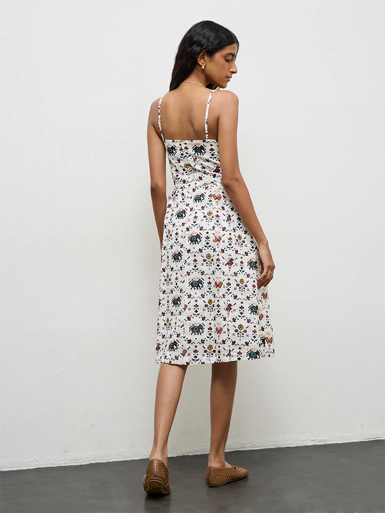 Bombay Paisley Off-White Floral Printed Cotton A-Line Dress - Image 4