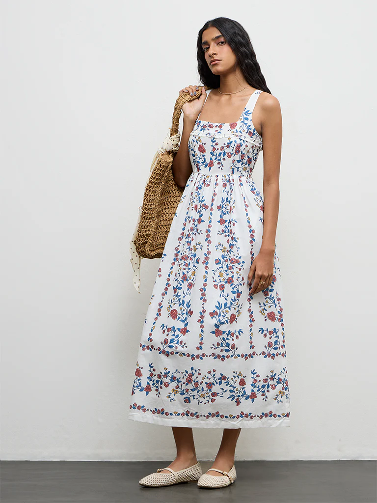 Bombay Paisley Off-White Floral Printed Cotton A-Line Dress - Image 2