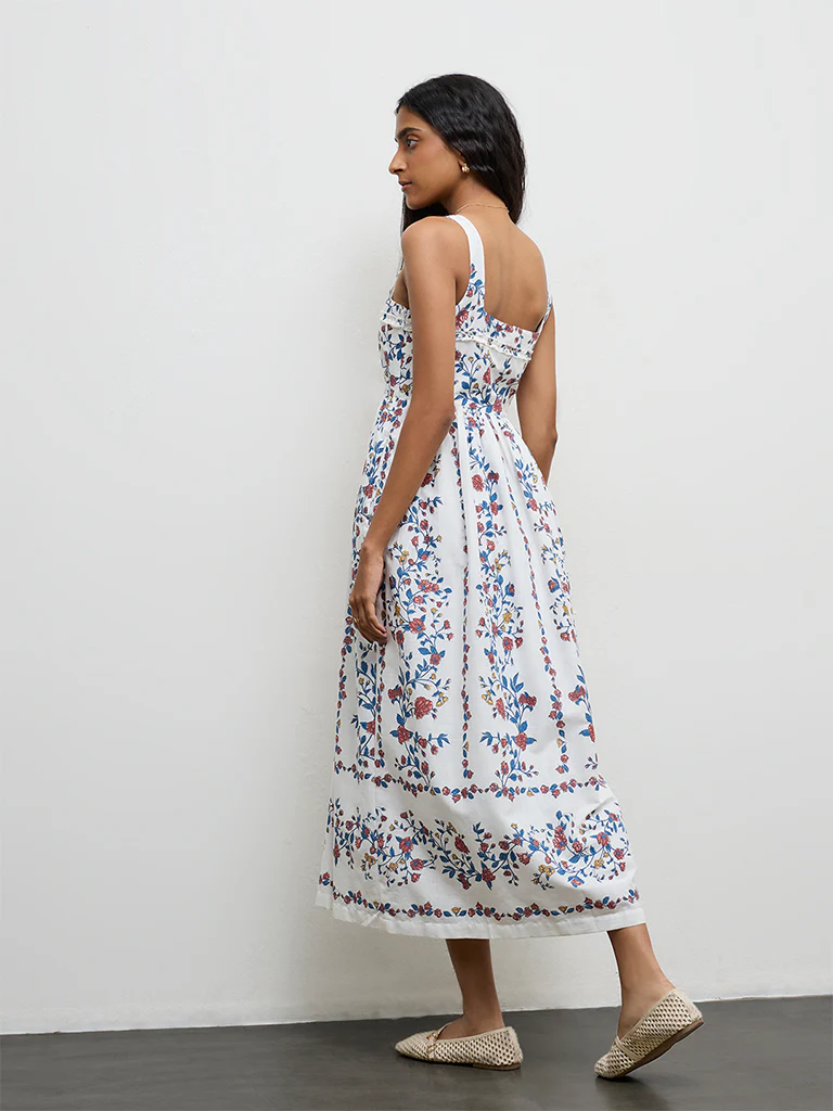 Bombay Paisley Off-White Floral Printed Cotton A-Line Dress - Image 4
