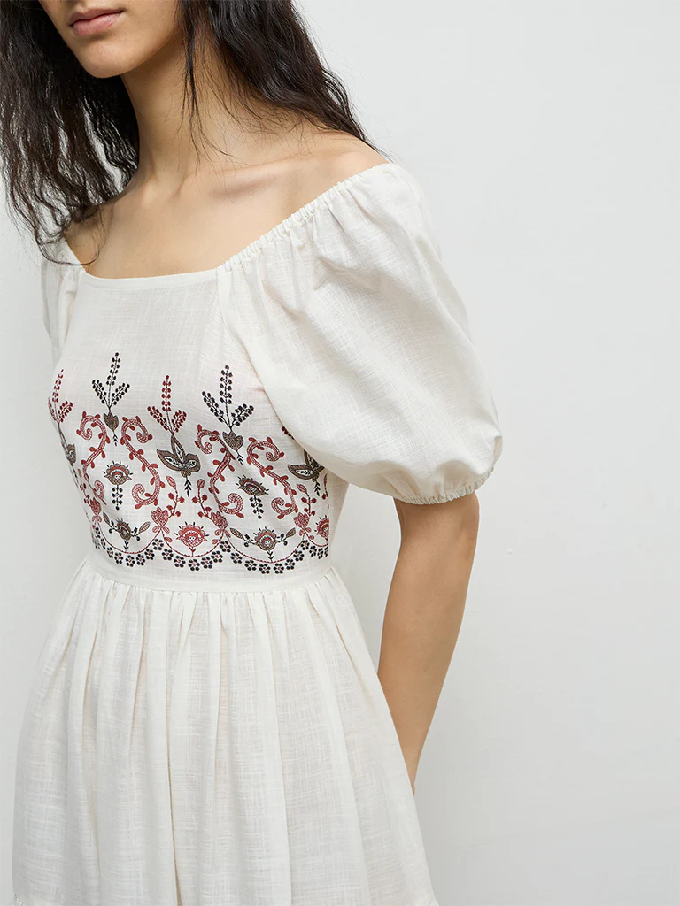 Bombay Paisley Off-White Floral Printed Cotton Tiered Dress - Image 3