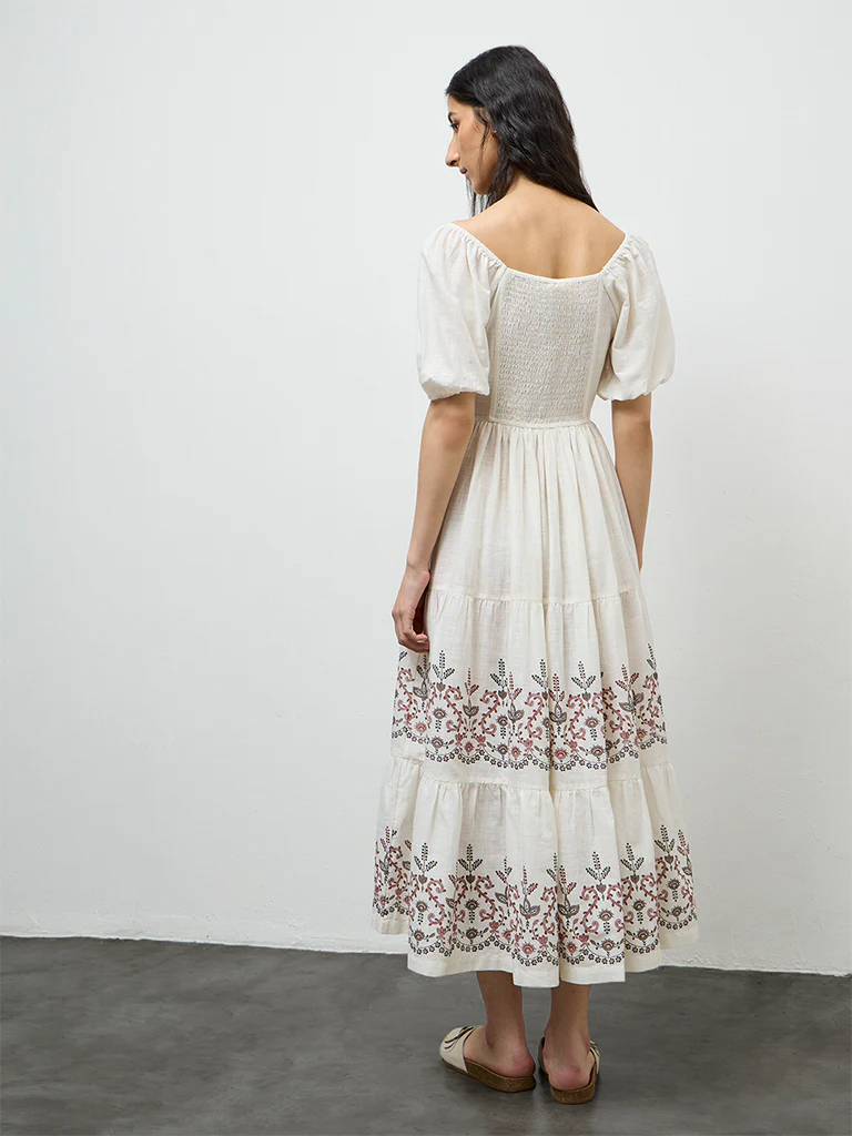 Bombay Paisley Off-White Floral Printed Cotton Tiered Dress - Image 4