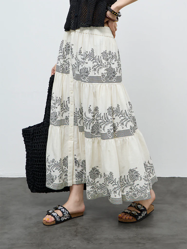 Bombay Paisley Off-White High-Rise Cotton Tiered Skirt - Image 2