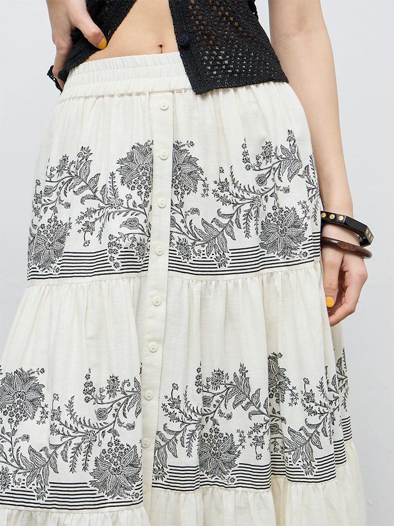 Bombay Paisley Off-White High-Rise Cotton Tiered Skirt - Image 3