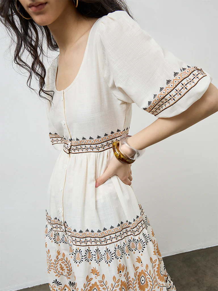 Bombay Paisley Off-White Printed Cotton A-Line Dress - Image 3