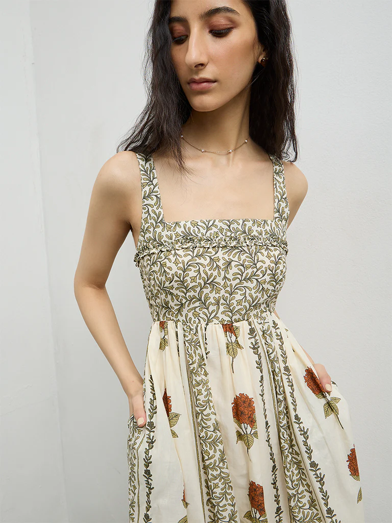Bombay Paisley Off-White Printed Cotton A-Line Dress - Image 3
