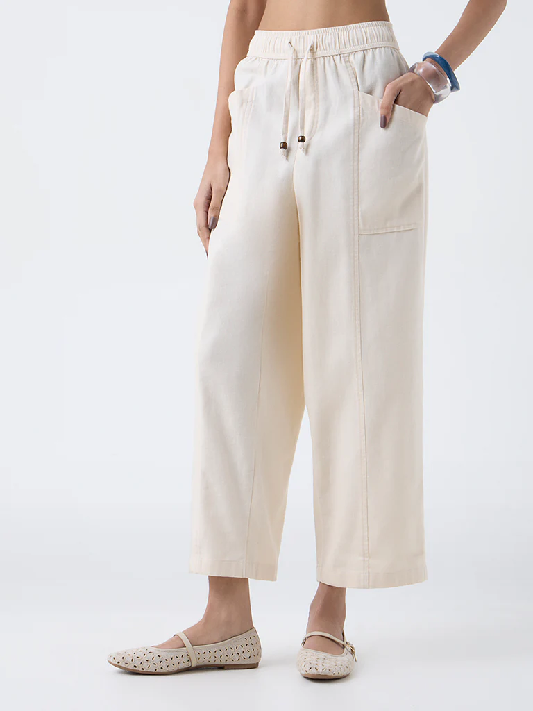 Bombay Paisley Off-White Solid Cotton-Blend Pants - Image 2