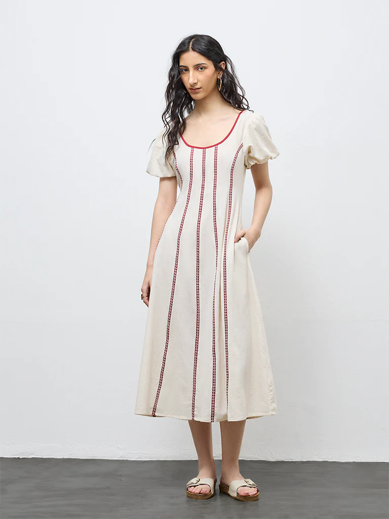 Bombay Paisley Off-White Striped Cotton-Blend A-Line Dress - Image 2
