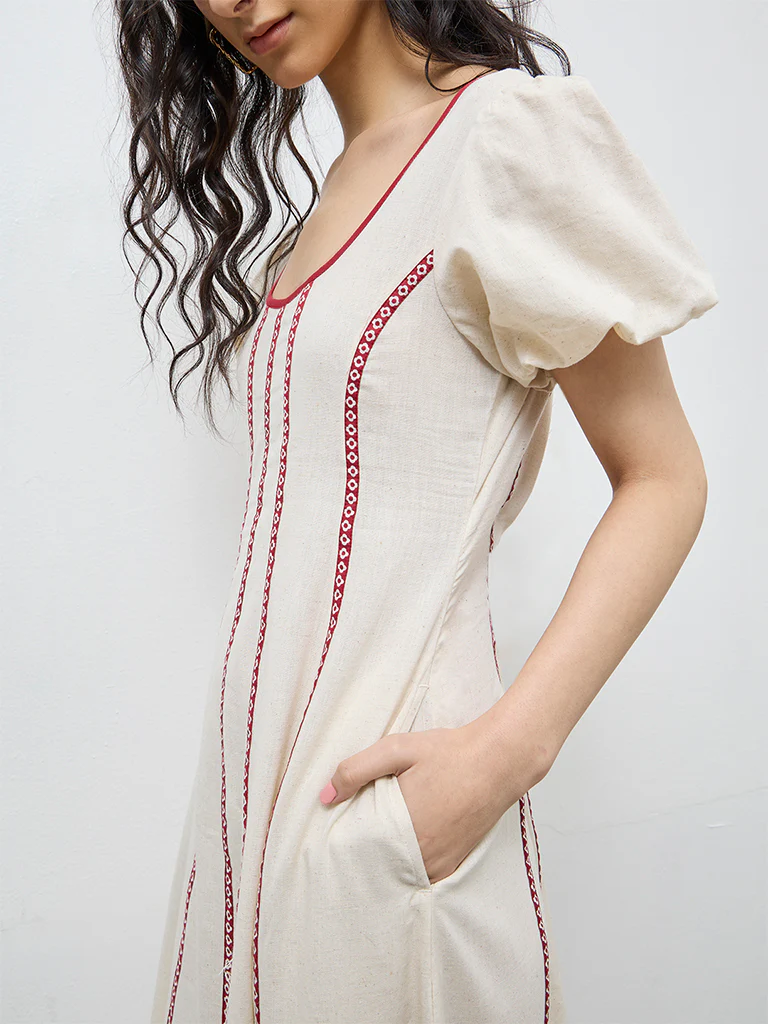 Bombay Paisley Off-White Striped Cotton-Blend A-Line Dress - Image 3