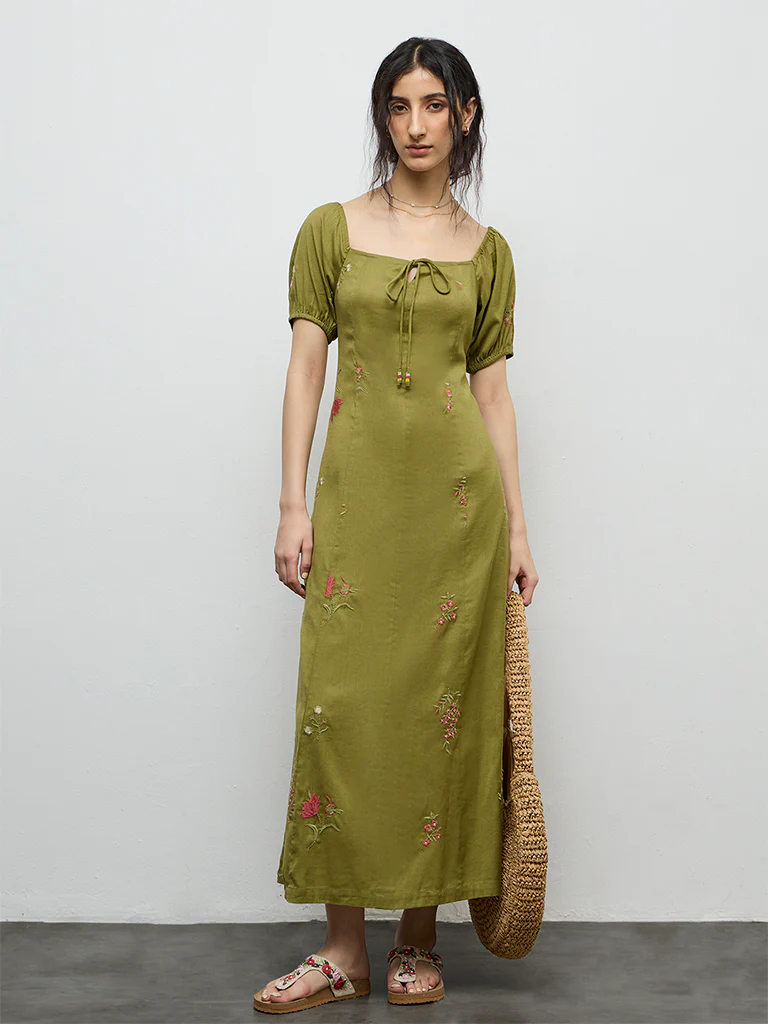 Bombay Paisley Olive Embroidered Cotton-Blend A-Line Dress - Image 2