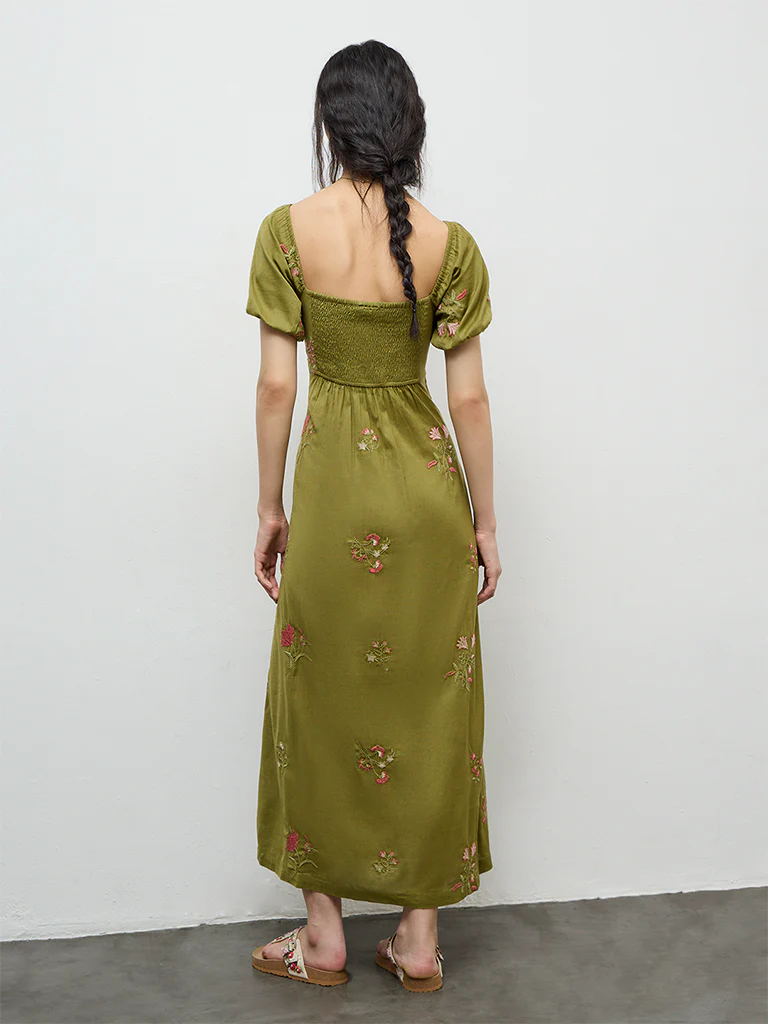 Bombay Paisley Olive Embroidered Cotton-Blend A-Line Dress - Image 4